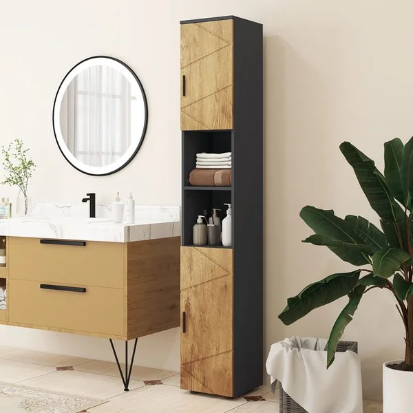 KLEANKIN Meuble Colonne Salle De Bain Style Cosy Anthracite Aspect Bois