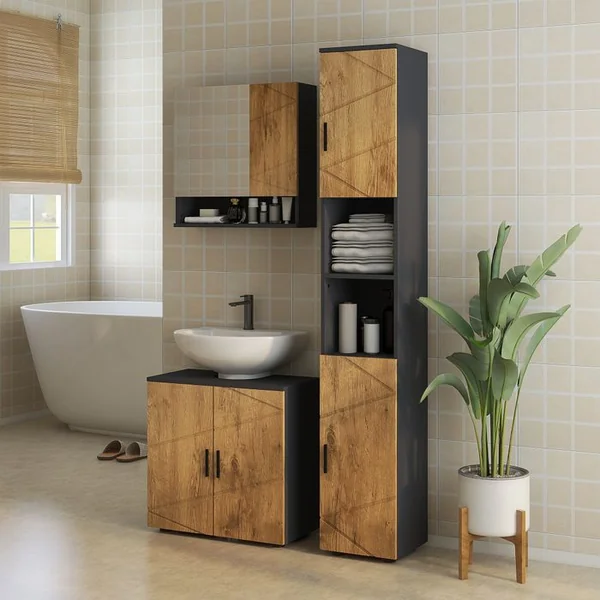 KLEANKIN Meuble Colonne Salle De Bain Style Cosy Anthracite Aspect Bois
