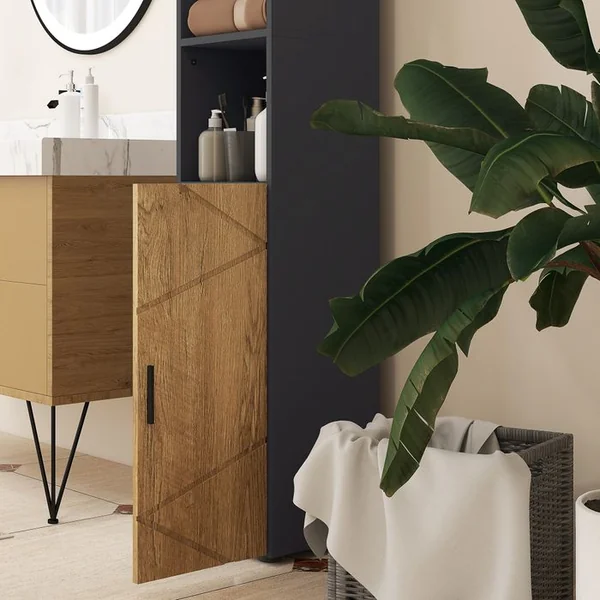 KLEANKIN Meuble Colonne Salle De Bain Style Cosy Anthracite Aspect Bois