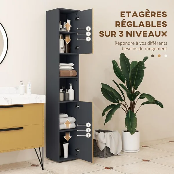 KLEANKIN Meuble Colonne Salle De Bain Style Cosy Anthracite Aspect Bois