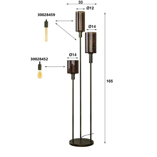 Lampadaire vintage en verre brun – 3 lampes, tiges bronze NOVA