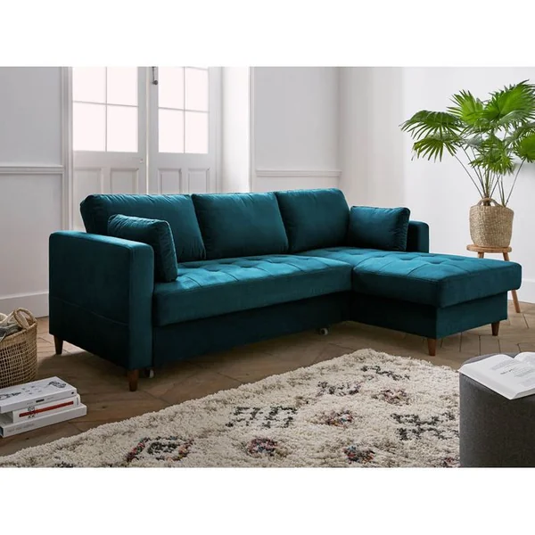 LISA DESIGN Canapé Angle Droit Convertible 4 Places Anna En Velours Bleu Canard