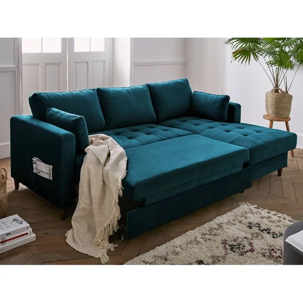 LISA DESIGN Canapé Angle Droit Convertible 4 Places Anna En Velours Bleu Canard
