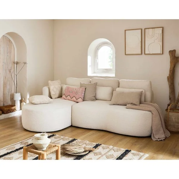 LISA DESIGN Canapé Angle Gauche Convertible 4 Places Mahina En Tissu Bouclette Beige