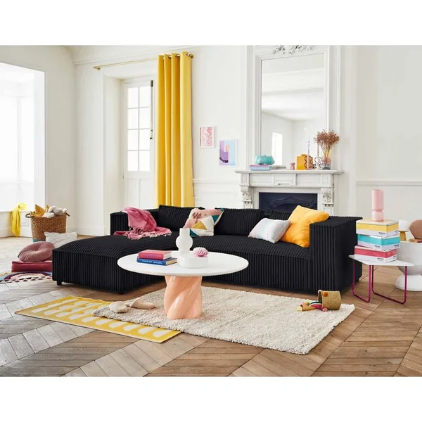 LISA DESIGN Canapé Angle Gauche Convertible 4 Places Stella En Velours Grosses Côtes Noir