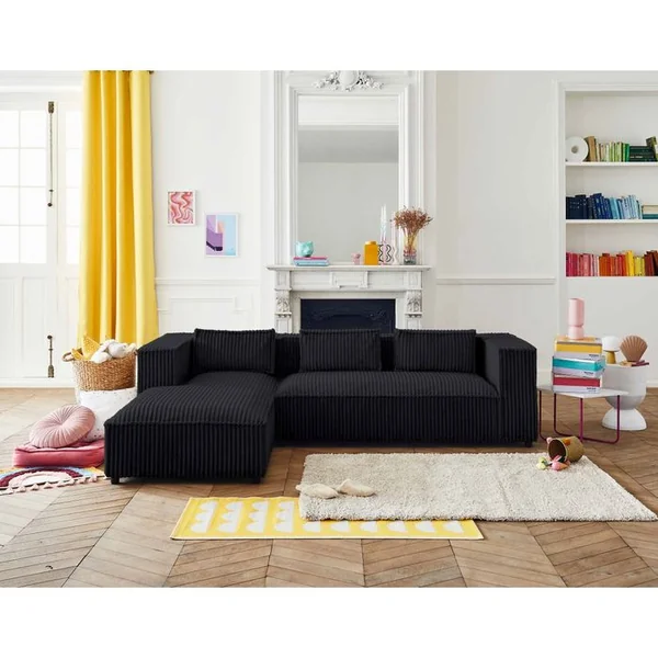 LISA DESIGN Canapé Angle Gauche Convertible 4 Places Stella En Velours Grosses Côtes Noir