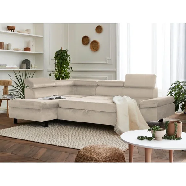 LISA DESIGN Canapé Angle Gauche Convertible 5 Places Nairobi En Velours Beige