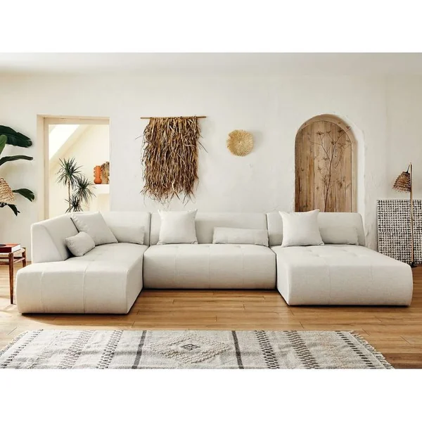 LISA DESIGN Canapé Angle Gauche Convertible 7 Places Onyx En Tissu Beige