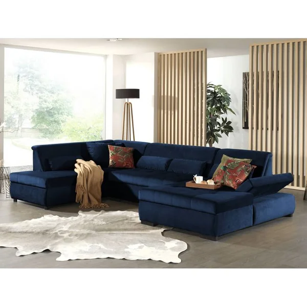 LISA DESIGN Canapé Angle Gauche Convertible 7 Places Vermont En Velours Bleu Nuit