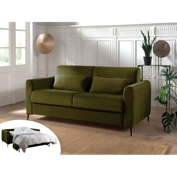 LISA DESIGN Canapé Convertible 3 Places Owen En Velours Vert Olive