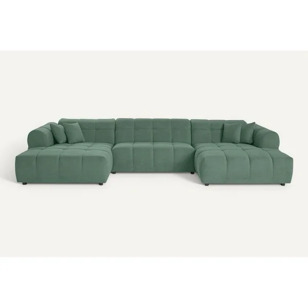 LISA DESIGN Canapé En U Convertible 7 Places Ray En Tissu Texturé Vert Sauge