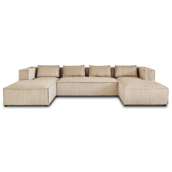 LISA DESIGN Canapé En U Convertible 7 Places Stella En Velours Grosses Côtes Beige