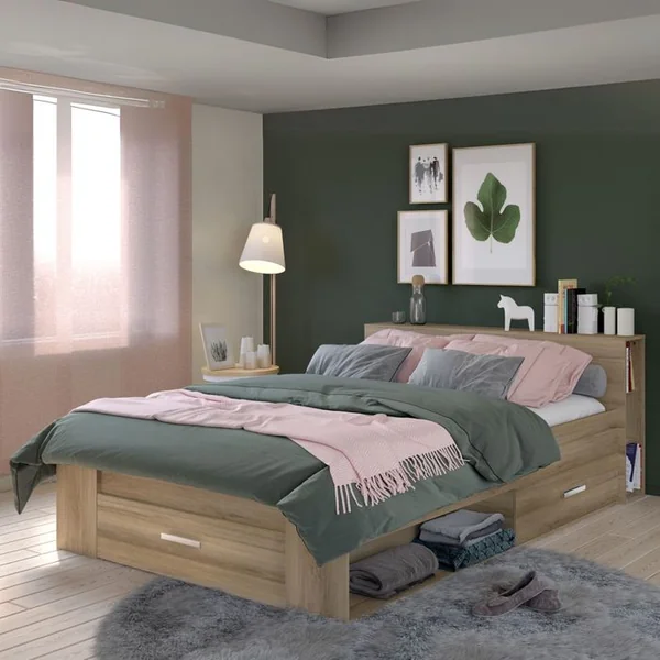 Lit 140x190 cm avec rangements tiroirs POCKET imitation chêne