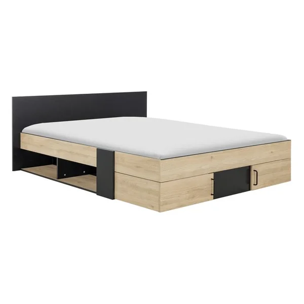 Lit 140x190cm 2 tiroirs + 2 niches SWIVEL imitation chêne et noir