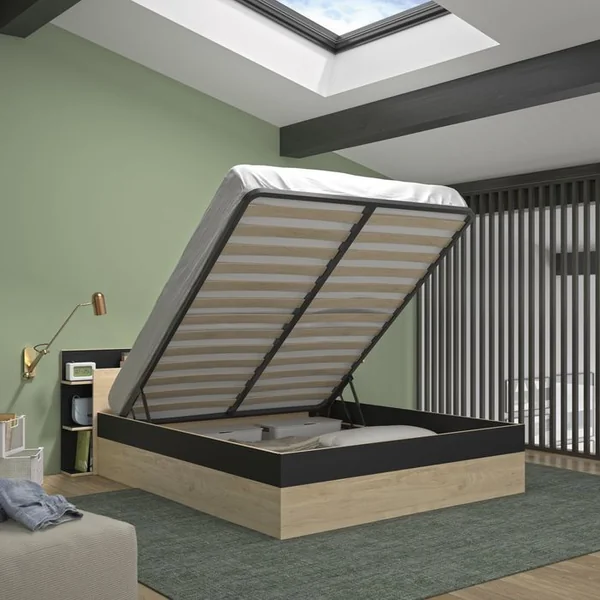Lit coffre 140x190 cm avec sommier relevable TONIGHT imitation chêne et noir