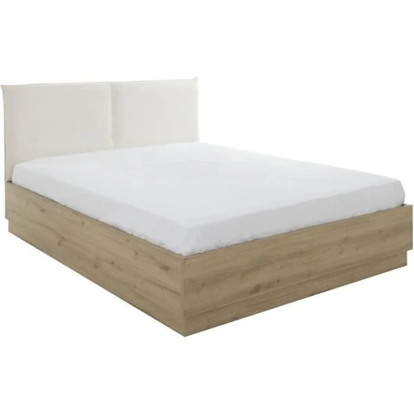 Lit coffre 160x200 cm avec tête de lit tissu beige et cadre imitation chêne JUDY