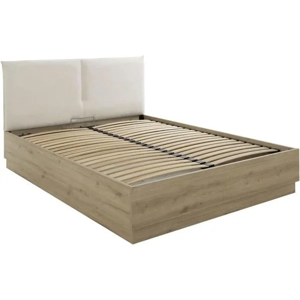Lit coffre 160x200 cm avec tête de lit tissu beige et cadre imitation chêne JUDY