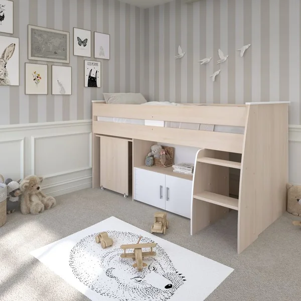 Lit combiné LOAN 90x200 cm avec bureau imitation acacia et blanc
