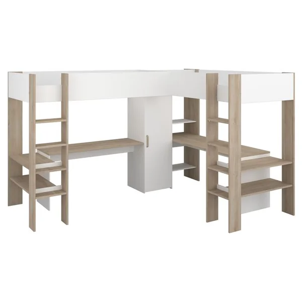 Lit mezzanine 2x90x200 cm ALEXANDRA avec bureau blanc et imitation chêne
