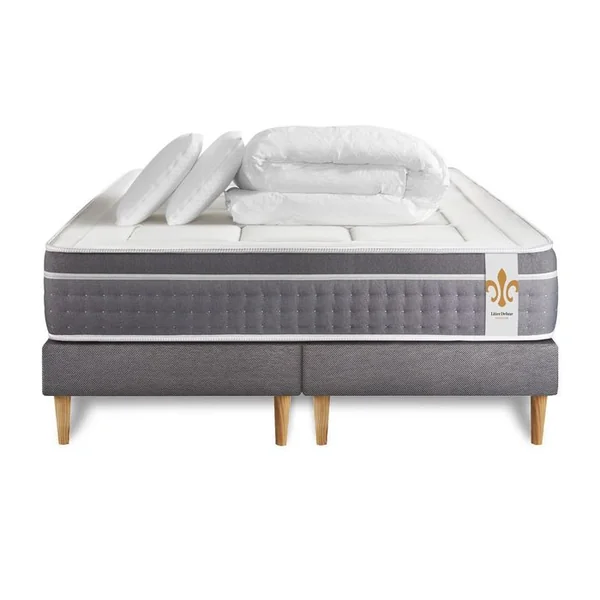 LITIER DELUXE Ensemble Le Trente 200 X 200 Cm Double Sommiers Gris - Ressorts Ensachés Et Mémoire De Forme