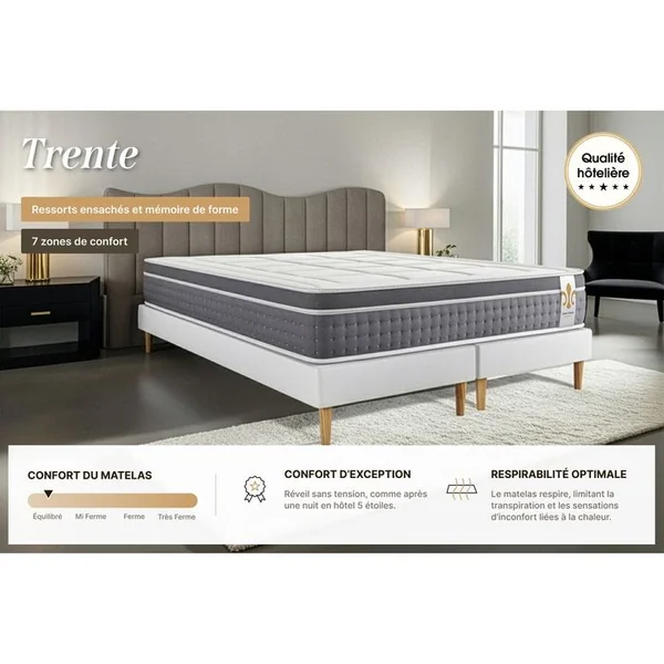 LITIER DELUXE Ensemble Le Trente 200 X 200 Cm Double Sommiers Gris - Ressorts Ensachés Et Mémoire De Forme