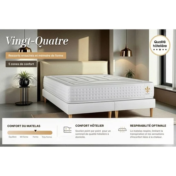 LITIER DELUXE Ensemble Le Vingt-quatre 200 X 200 Double Sommiers Blanc - Ressorts Ensachés Et Mémoire De Forme