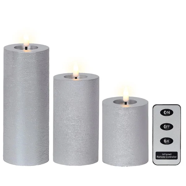 Lot de 3 bougies argentées imitation cire à LED blanc chaud avec télécommande pour intérieur - Ø 7 x H 19 cm
