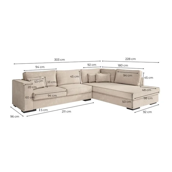 LOUNGITUDE Belami - Canapé D'angle XXL 6 Places En Velours Côtelé - Beige - Angle Gauche