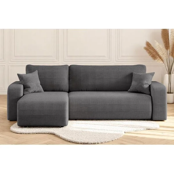 LOUNGITUDE Canapé D'angle Alya Convertible Et Réversible 4 Places En Velours Cotelé - Gris