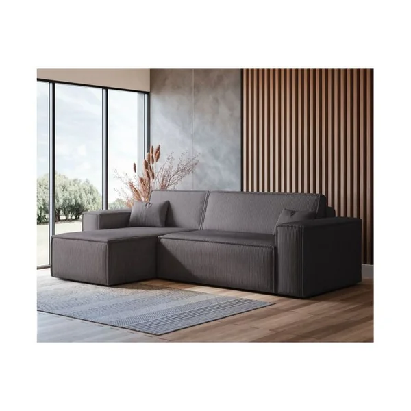 LOUNGITUDE Canapé D'angle Farah Convertible Et Réversible 4 Places En Velours Cotelé - Gris