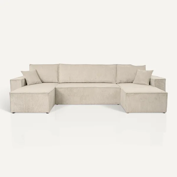 LOUNGITUDE Canapé D'angle Farah Panoramique Convertible 6 Places En Velours Cotelé - Beige