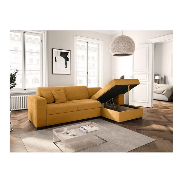 LOUNGITUDE Canapé D'angle Fuji XL Convertible Avec Coffre En Velours Côtelé - Angle Droit - Jaune