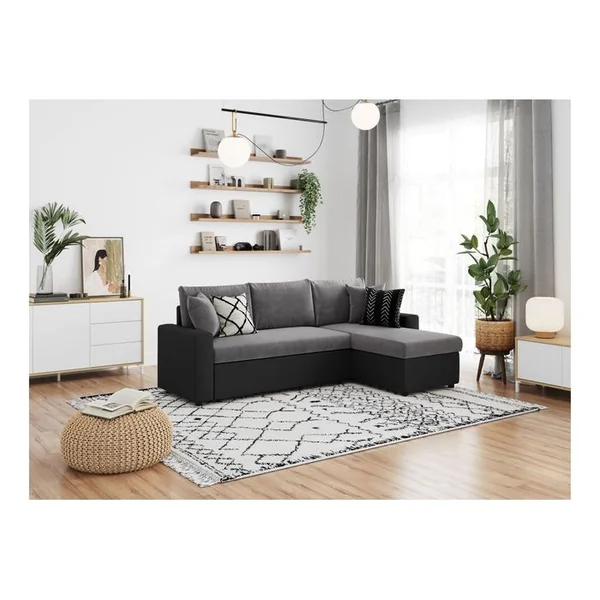 LOUNGITUDE Canapé D'angle Maria Réversible Et Convertible Avec Coffre En Simili Et Microfibre - Gris / Noir