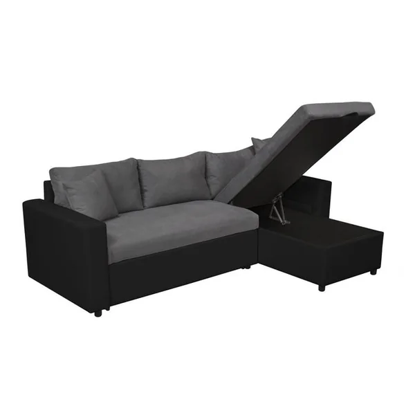 LOUNGITUDE Canapé D'angle Maria Réversible Et Convertible Avec Coffre En Simili Et Microfibre - Gris / Noir