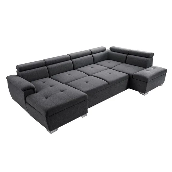 LOUNGITUDE Canapé D'angle Panoramique Paola Convertible En Tissu - Gris Foncé