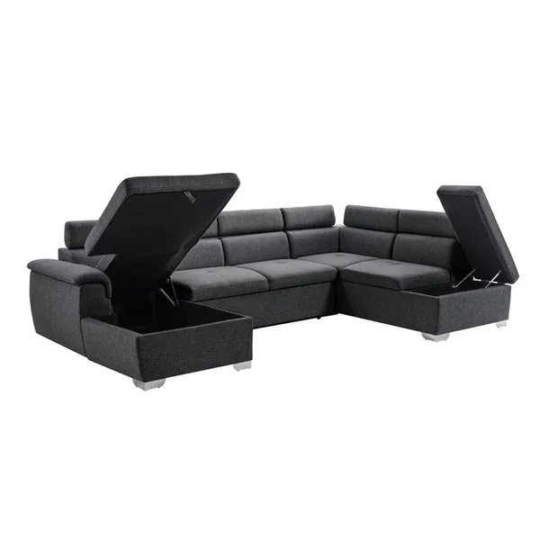 LOUNGITUDE Canapé D'angle Panoramique Paola Convertible En Tissu - Gris Foncé