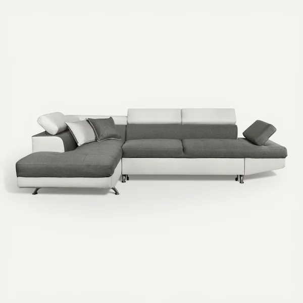 LOUNGITUDE Canapé D'angle Rio Convertible Avec Coffre En Tissu Et Simili - Angle Gauche, Blanc / Gris