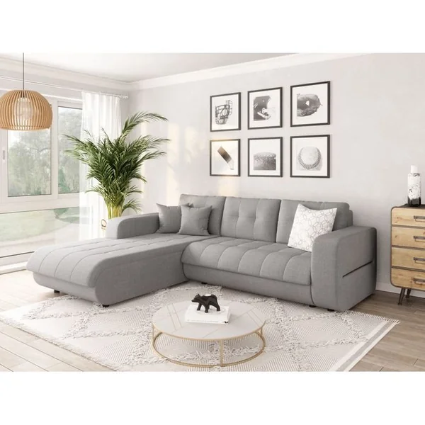 LOUNGITUDE Canapé D'angle Suzie Convertible En Tissu - Angle Gauche, Gris Clair