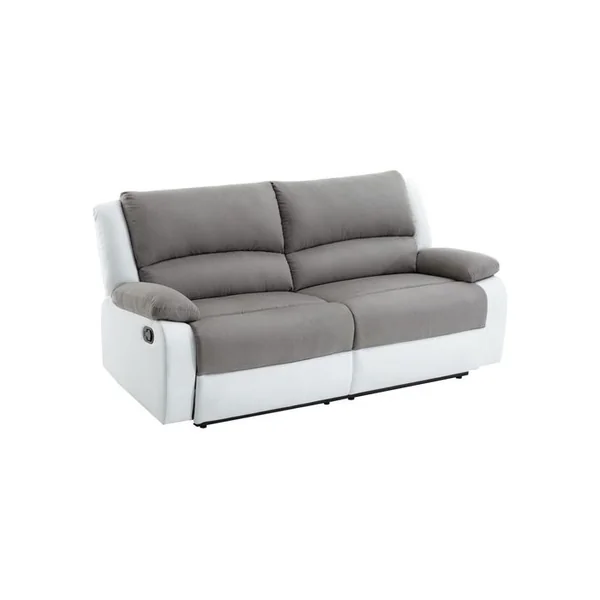 LOUNGITUDE Relaxxo - Canapé Relax Manuel 3 Places Avec 2 Assises XXL Leo En Microfibre Et Simili - Blanc/gris