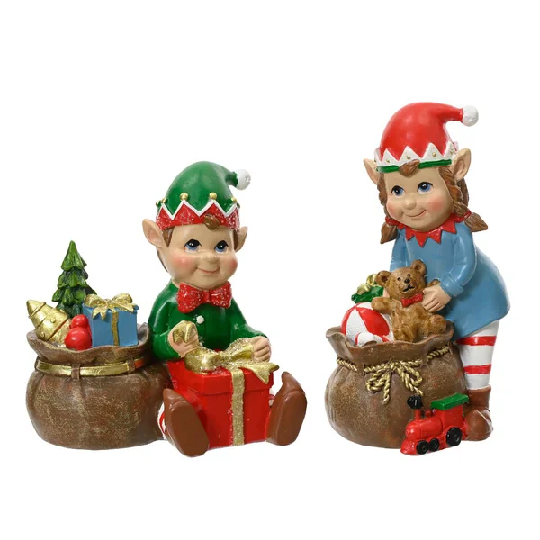 Lutin en résine colorée avec hotte de cadeaux - 6 x 7,5 x 12,5 cm