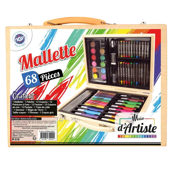 Malette en bois de dessin et peinture Main d’artiste - les 68 pièces