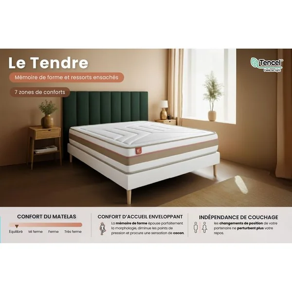 MARMOTTES & CO Ensemble Matelas Ressorts Ensachés Et Mémoire De Forme 160x200 Le Tendre Ep:28 Cm - Sommier Kit Beig