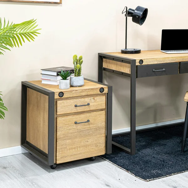 Meuble bas / Caisson de Bureau à roulettes Inspiration Indus' en Acacia et Métal, 2 tiroirs 51x60x60cm BROOKLYN
