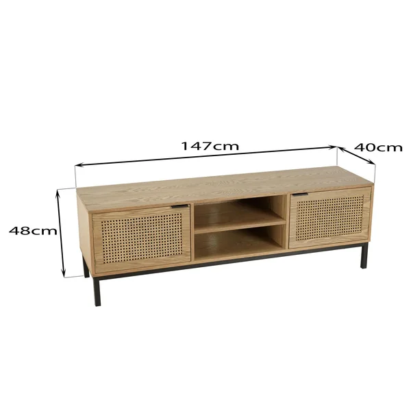 Meuble TV 147 cm 2 portes cannage rotin naturel PALMA