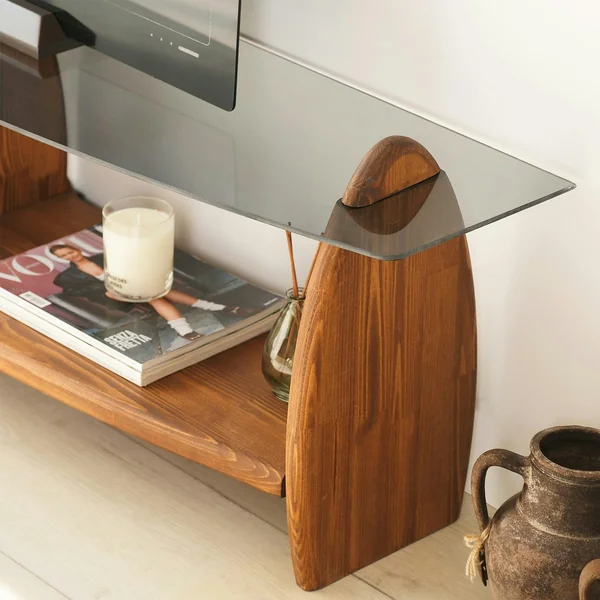 Meuble TV bois brun et verre fumé - 2 niches, vintage ANZIO