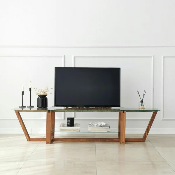 Meuble TV verre trempé bois foncé - 158 cm 2 niveaux LHASA