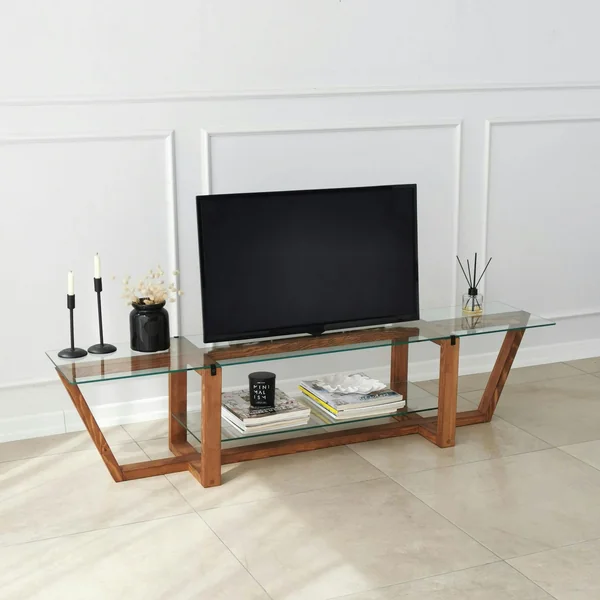 Meuble TV verre trempé bois foncé - 158 cm 2 niveaux LHASA