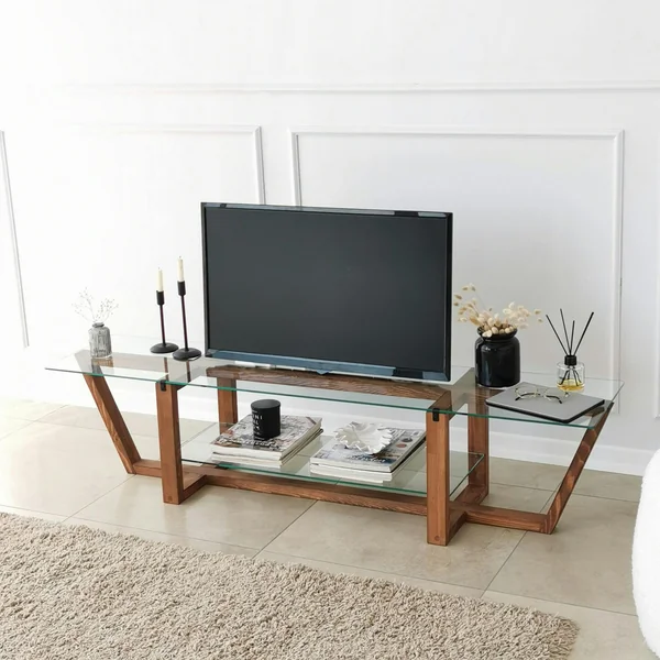 Meuble TV verre trempé bois foncé - 158 cm 2 niveaux LHASA