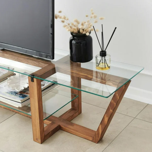 Meuble TV verre trempé bois foncé - 158 cm 2 niveaux LHASA