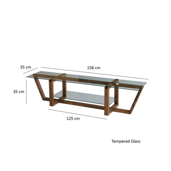 Meuble TV verre trempé bois foncé - 158 cm 2 niveaux LHASA